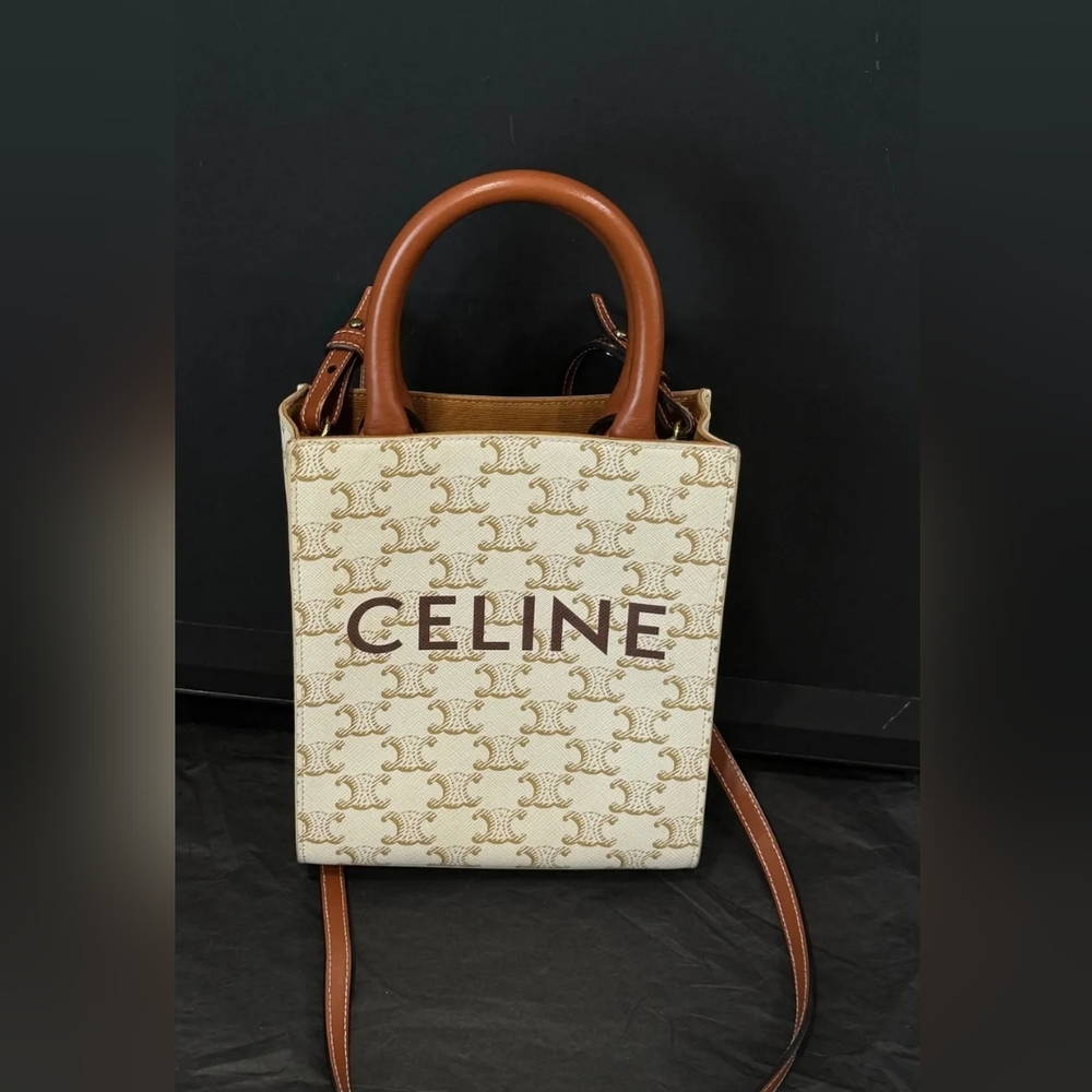 Celine Triomphe Canvas Calfskin Mini Vertical Cabas White.